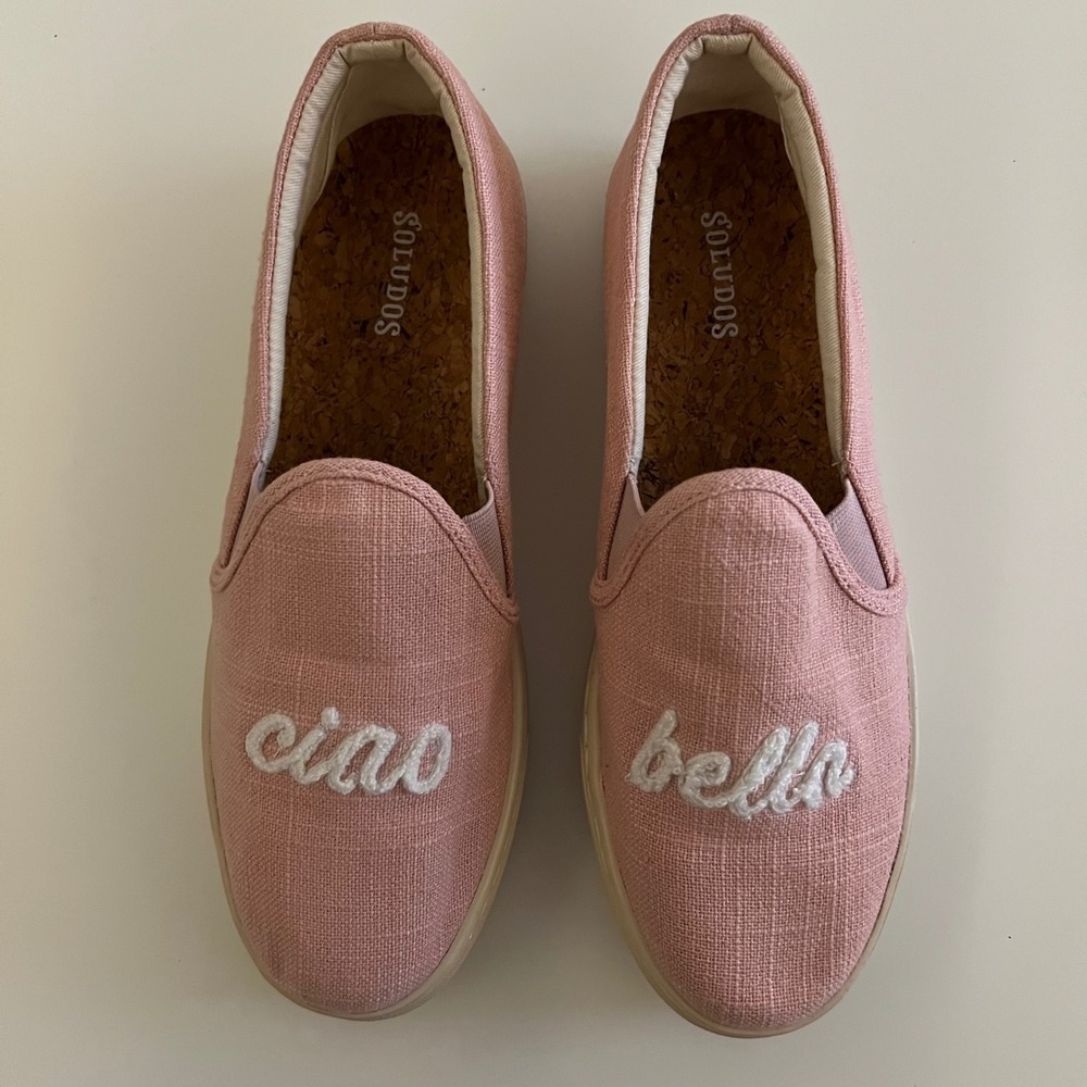 Anthropologie Soludos Ciao Bella Pink Linen Slip On Sneakers Embroidered Flats 8